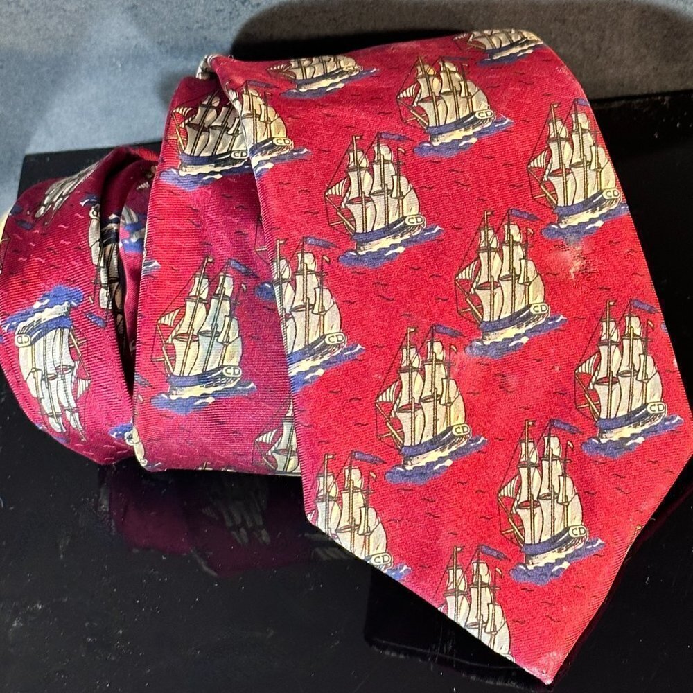Dior Mid Century Modern Neckwear Tie 100% All Silk Red Sailboat Schooners Ship - Picture 6 of 8